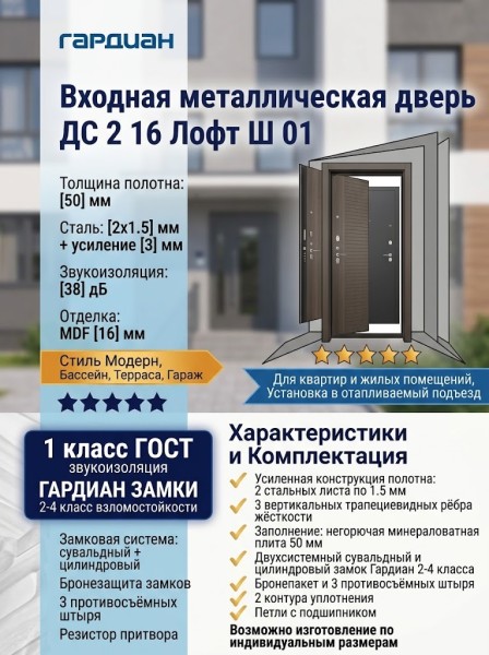 Входная металлическая дверь ДС 2  16 Лофт Ш 01