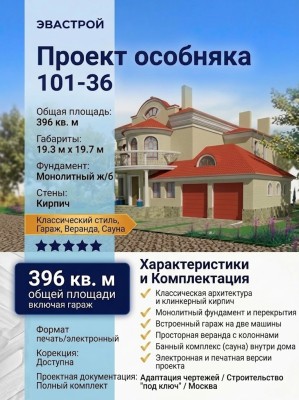 Проект особняка в классическом стиле с гаражом, верандой и сауной 101-36