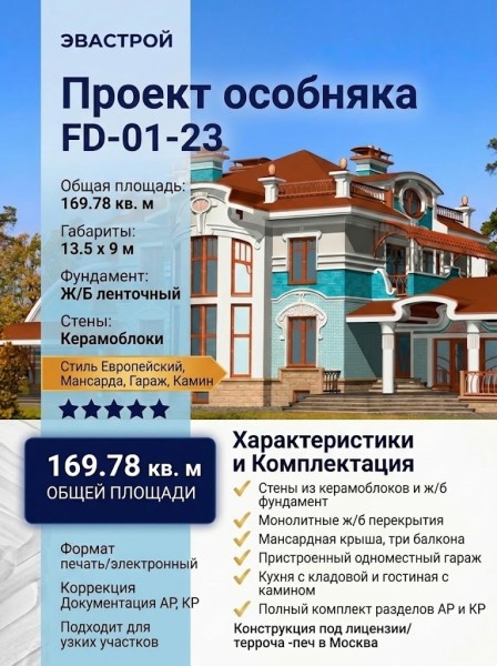 Проект узкого двухэтажного дома из керамоблоков с эркером и одноместным гаражом
