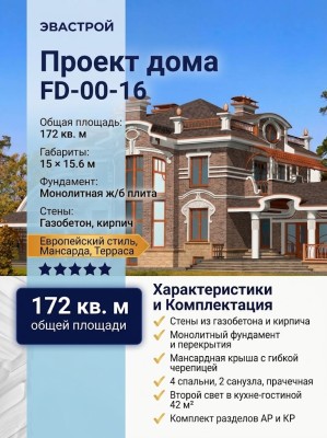 Проект двухэтажного дома из газобетона в европейском стиле с мансардой