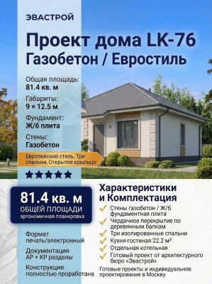 Проект жилого одноэтажного дома из газобетона в европейском стиле с тремя спальнями