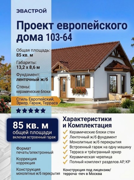 103-64  -  проект европейского узкого одноэтажного дома с гаражом