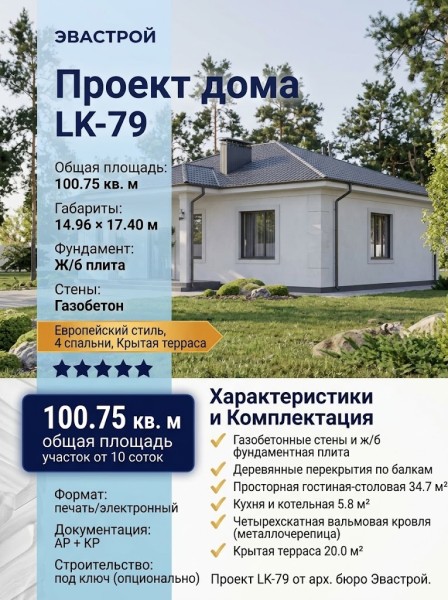 Проект жилого одноэтажного дома из газобетона с размерами 15 м на 17 м и площадью до 100 кв м