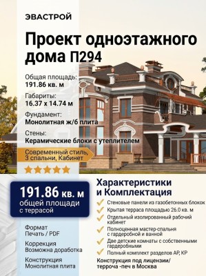 Проект жилого одноэтажного дома с тремя спальнями