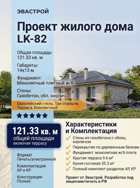 Проект жилого одноэтажного дома из газобетона с тремя спальнями