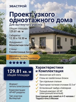Проект узкого одноэтажного дома с тремя спальнями
