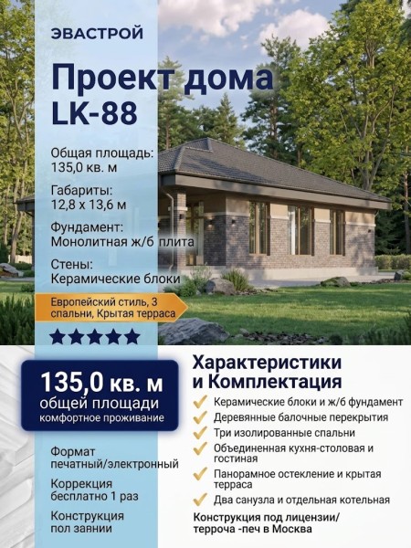 Проект жилого одноэтажного дома из керамических блоков с тремя спальнями