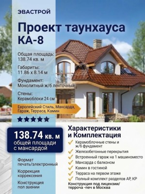 Проект узкого двухэтажного таунхауса из керамоблоков с одноместным гаражом и камином