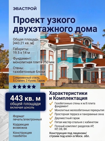 Проект узкого двухэтажного дома с двухместным гаражом