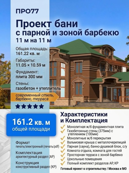 Проект бани с парной и зоной барбекю с размерами 11 м на 11 м