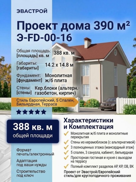 Проект квадратного трехэтажного дома из керамических блоков с размерами 14 м на 15 м и площадью до 400 кв м