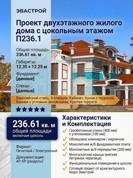 Проект двухэтажный жилого дома с цокольным этажом
