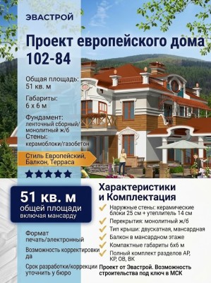 102-84  -  проект европейского квадратного двухэтажного дома до 50 кв м