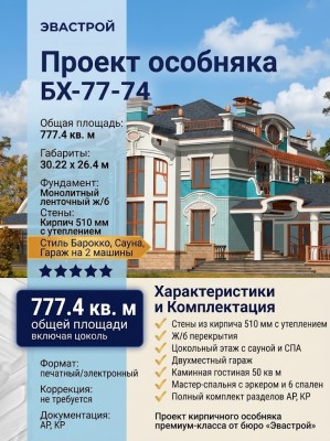 Проект узкого трёхэтажного дома в стиле барокко с цокольным этажом, двухместным гаражом и сауной, с площадью до 800 кв м
