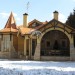 Проект квадратный двухэтажной беседки в стиле барокко из кирпича с сауной и эркером, с размерами 13 м на 12 м
