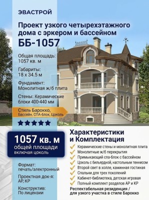 Проект узкого четырехэтажного дома с эркером и бассейном