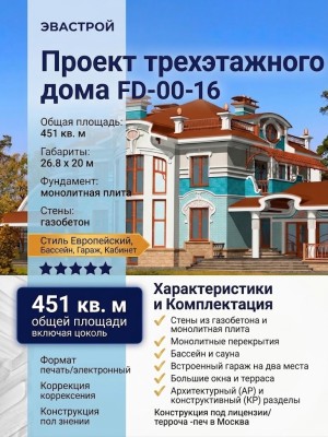 Проект трехэтажного дома в европейском стиле с двухместным гаражом и бассейном