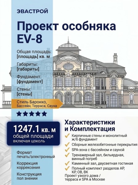 Проект узкого трехэтажного дома из кирпича в стиле барокко с цокольным этажом, тренажёрным залом и сауной, с площадью до 1300 кв м