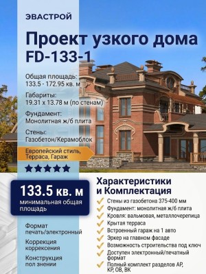 Проект узкого одноэтажного дома из газобетона с размерами 19 м на 14 м