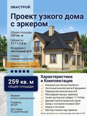 Проект узкого двухэтажного дома из керамоблоков с эркером и двухместным гаражом -