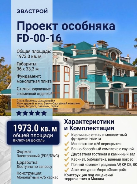 Проект четырехэтажного дома в стиле барокко с цокольным и мансардным этажом, сауной и бассейном, с размерами 36 м на 33 м