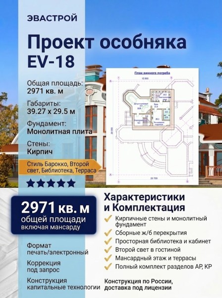 Проект узкого трехэтажного дома в стиле барокко с мансардным этажом, библиотекой и вторым светом, с размерами 39 м на 29 м