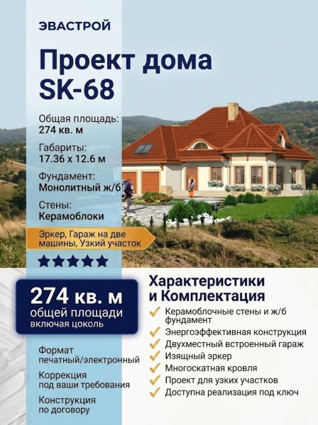 Проект узкого двухэтажного дома из керамоблоков с эркером и двухместным гаражом - SK-68