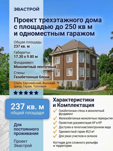 Проект трехэтажного дома с площадью до 250 кв м и одноместным гаражом