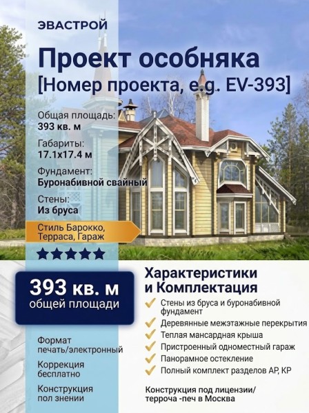 Проект квадратного трехэтажного дома из бруса в стиле барокко с мансардным этажом и одноместным гаражом, с площадью до 400 кв м