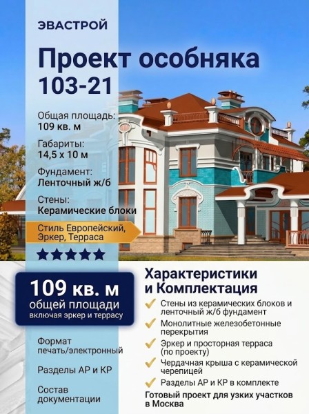 103-21  -  проект европейского узкого дома с 3 спальнями 14 на 10 м