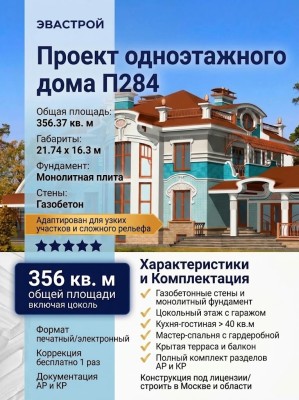 Проект узкого одноэтажного дома с гаражом и цоколем