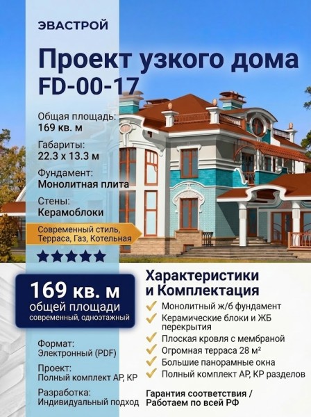 проект узкого одноэтажного дома с размерами 22 м на 13 м