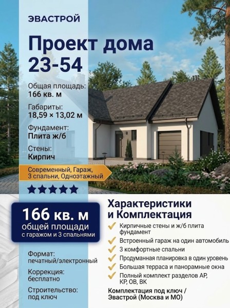 23-54  -  проект одноэтажного дома с гаражом и 3 спальнями из кирпича