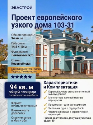 103-31  -  проект европейского узкого дома с камином 14 на 10 м