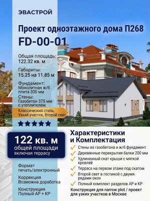 Проект узкого одноэтажного дома со вторым светом