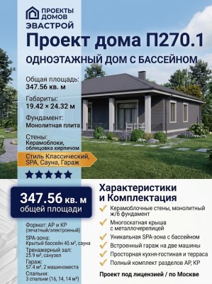Проект одноэтажного дома с бассейном, сауной и тренажёрным залом