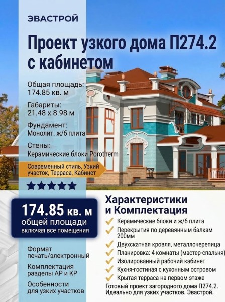 Проект узкого одноэтажного дома с кабинетом