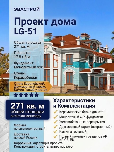 Проект узкого двухэтажного дома из керамоблоков с двухместным гаражом и камином - LG-51