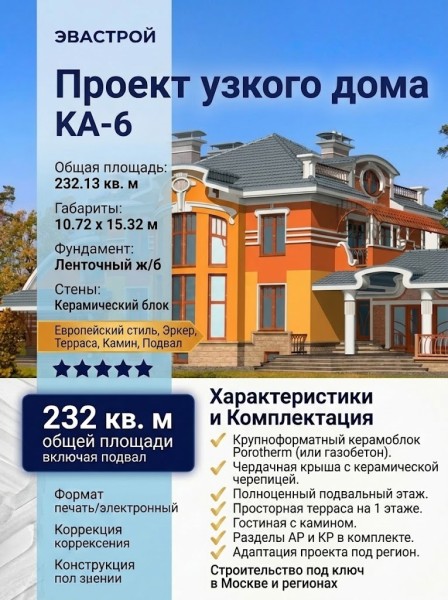 Проект узкого двухэтажного дома из керамоблоков с камином и подвалом до 250 кв м