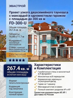 Проект узкого двухсемейного таунхауса с мансардой и одноместным гаражом с площадью до 300 кв м