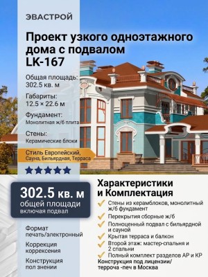 Проект узкого одноэтажного дома с подвалом