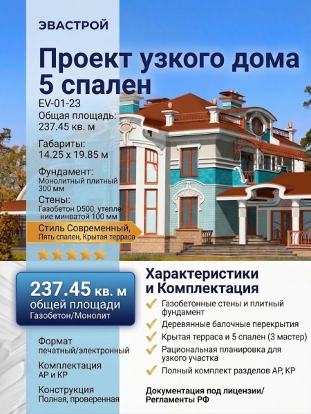 Проект узкого одноэтажного дома с пятью спальнями